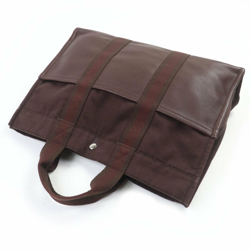 愛馬仕 Four Tou MM 銀色五金 Serie 紐帶半皮帆布手提包 棕色 法國製造 女士-3