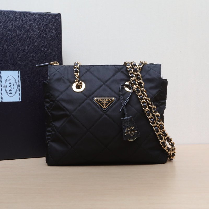 PRADA Chaine再生尼龍托特包黑色尼龍金扣肩背包-0