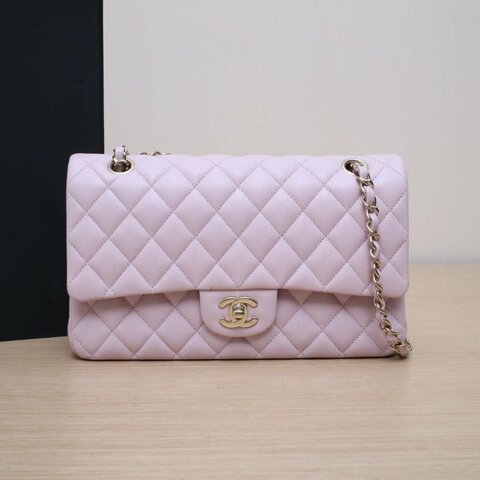 CHANEL CF口蓋包中號25.5粉色荔枝牛皮31開金扣肩背包