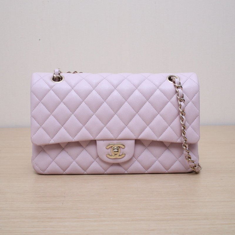 CHANEL CF口蓋包中號25.5粉色荔枝牛皮31開金扣肩背包-1