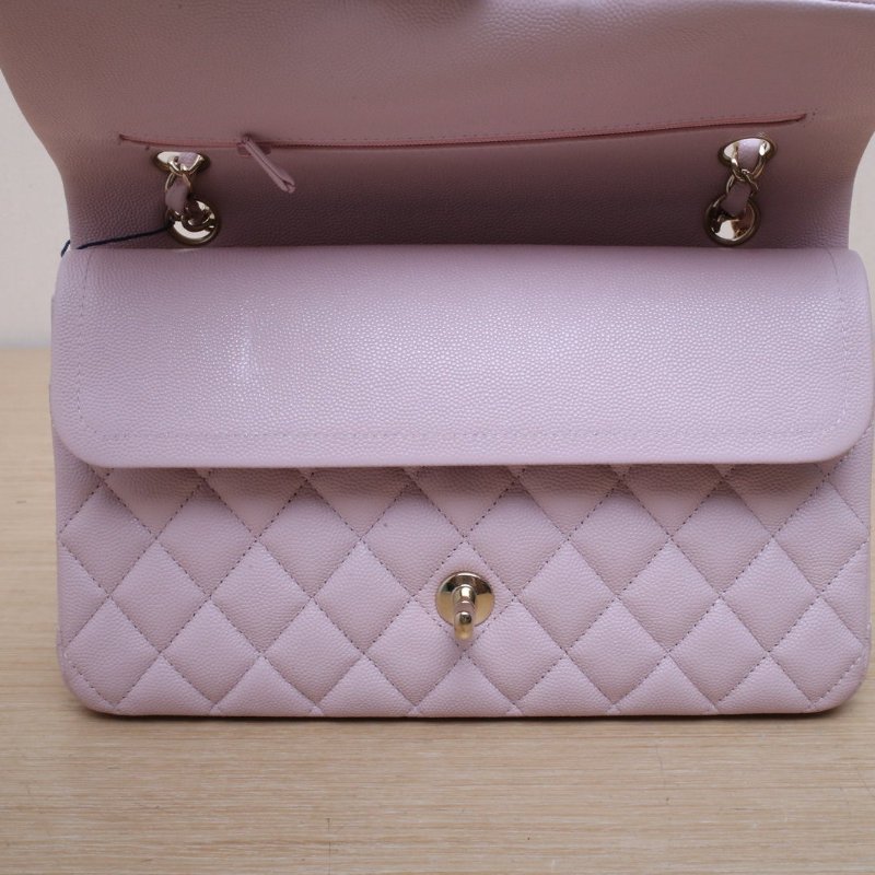 CHANEL CF口蓋包中號25.5粉色荔枝牛皮31開金扣肩背包-2