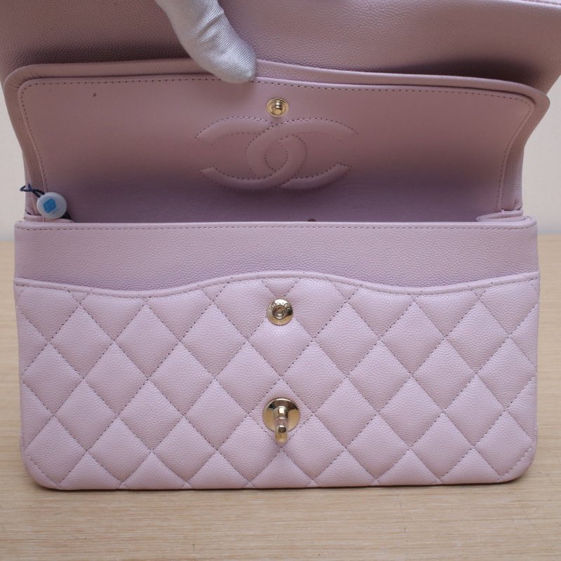 CHANEL CF口蓋包中號25.5粉色荔枝牛皮31開金扣肩背包-3