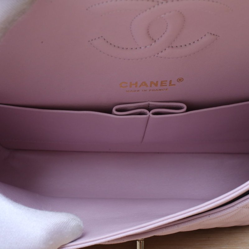 CHANEL CF口蓋包中號25.5粉色荔枝牛皮31開金扣肩背包-4