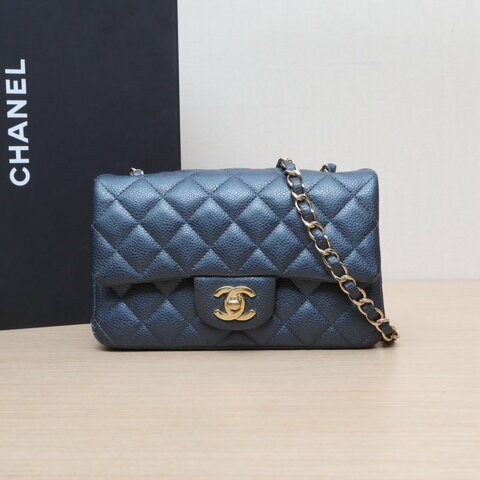 CHANEL CF口蓋包大Mini20藍色荔枝牛皮25開金扣肩背包