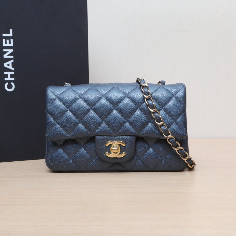 CHANEL CF口蓋包大Mini20藍色荔枝牛皮25開金扣肩背包-0