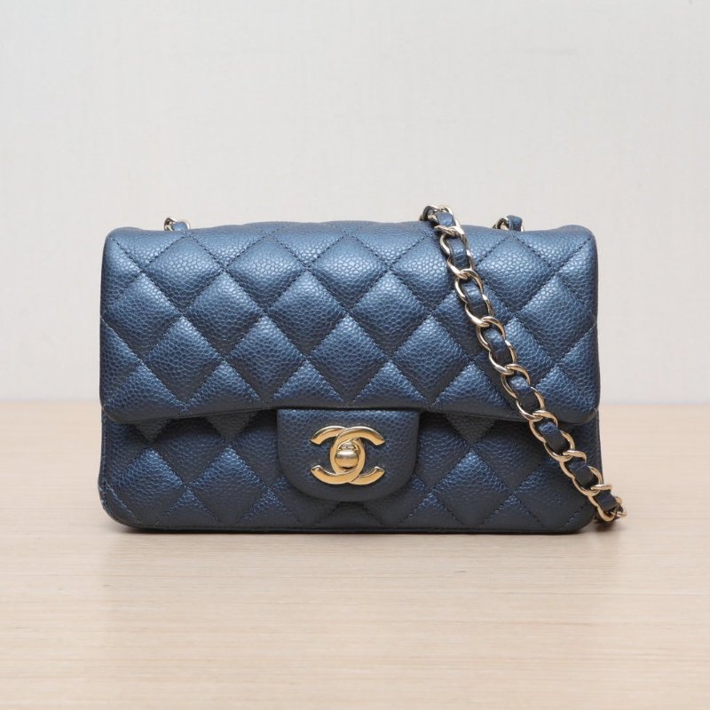 CHANEL CF口蓋包大Mini20藍色荔枝牛皮25開金扣肩背包-1