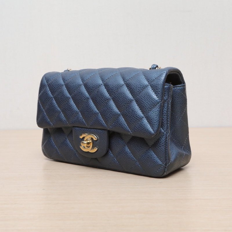 CHANEL CF口蓋包大Mini20藍色荔枝牛皮25開金扣肩背包-2