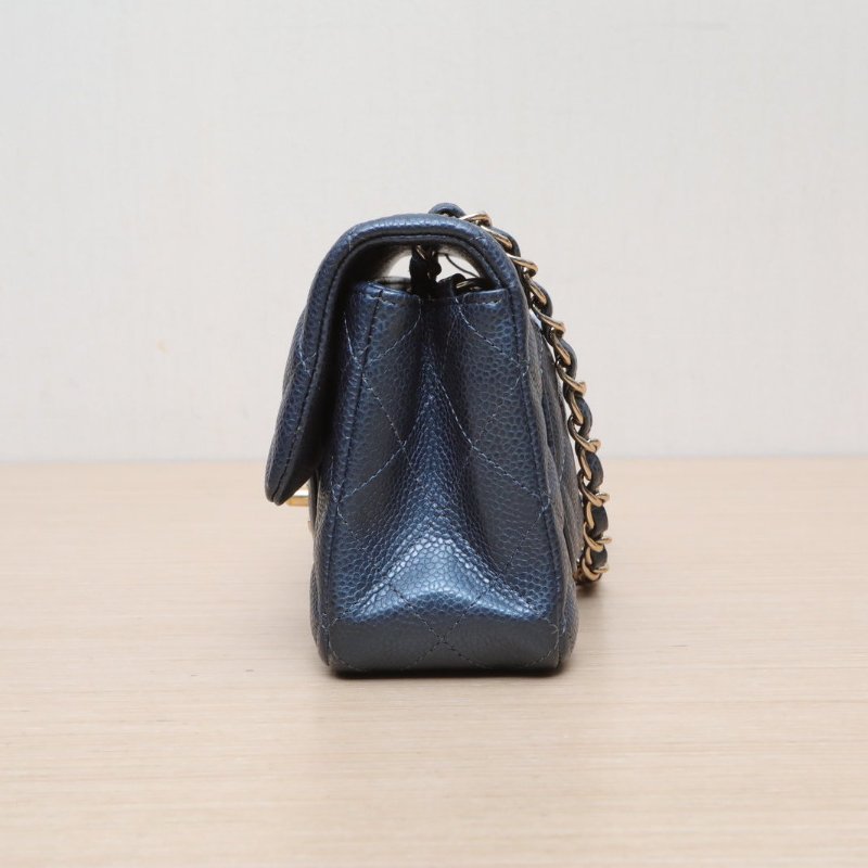 CHANEL CF口蓋包大Mini20藍色荔枝牛皮25開金扣肩背包-3