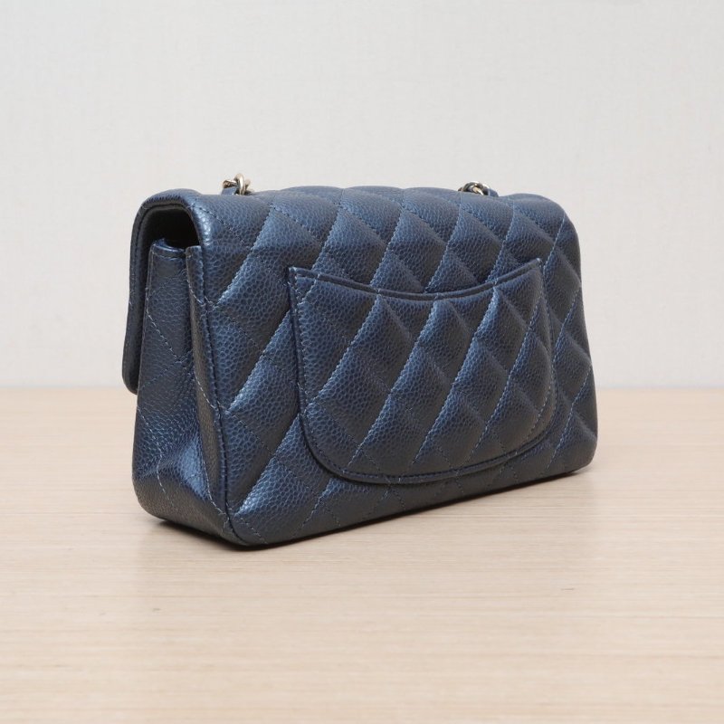 CHANEL CF口蓋包大Mini20藍色荔枝牛皮25開金扣肩背包-4