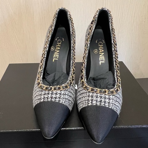Chanel小香 香奈兒毛呢皮穿鏈氣質跟鞋（全新）