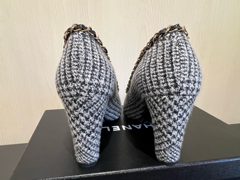 Chanel小香 香奈兒毛呢皮穿鏈氣質跟鞋（全新）-4