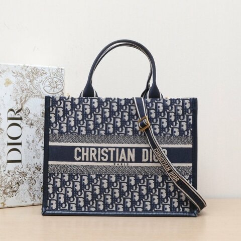 DIOR BookTote中號36.5/新款附肩帶藍色帆布金扣2024Oblique印花字母刺繡肩背包