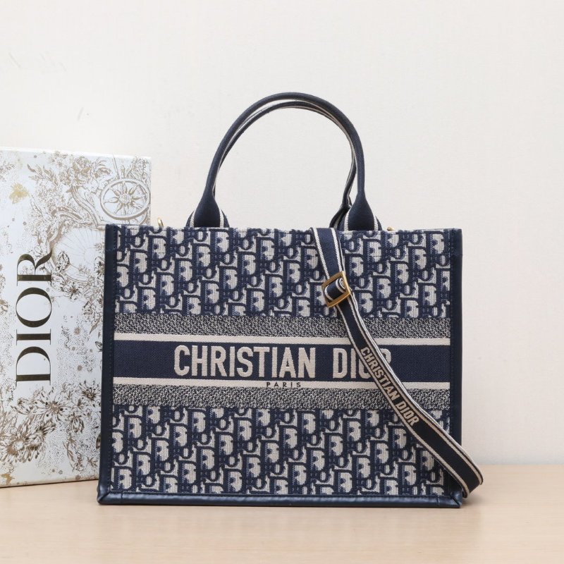 DIOR BookTote中號36.5/新款附肩帶藍色帆布金扣2024Oblique印花字母刺繡肩背包-0