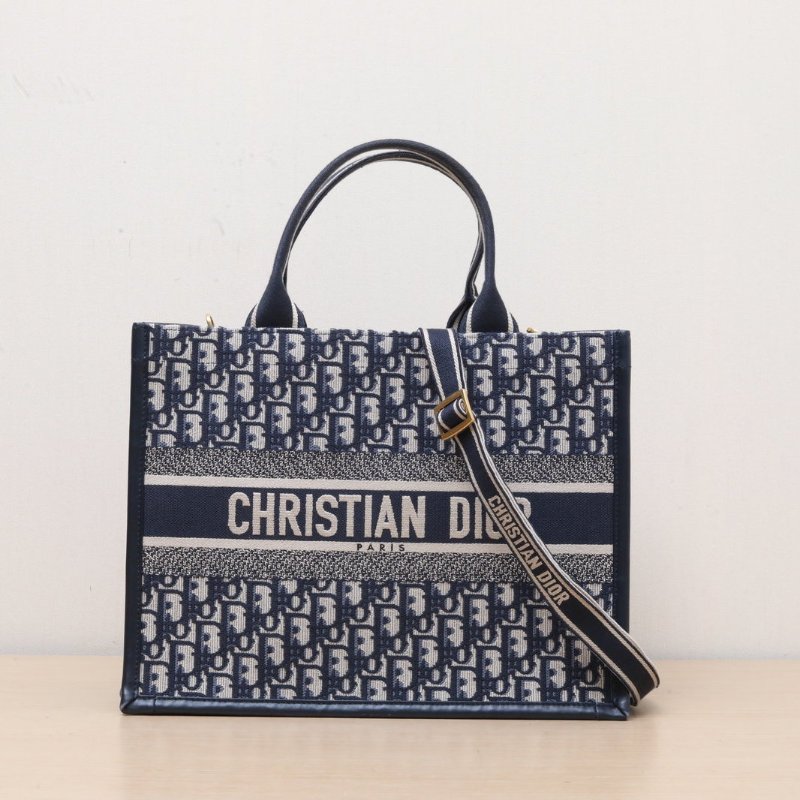 DIOR BookTote中號36.5/新款附肩帶藍色帆布金扣2024Oblique印花字母刺繡肩背包-1