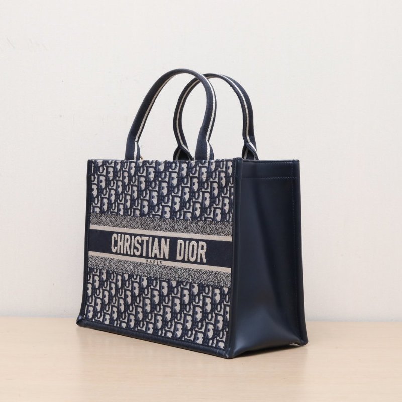 DIOR BookTote中號36.5/新款附肩帶藍色帆布金扣2024Oblique印花字母刺繡肩背包-4