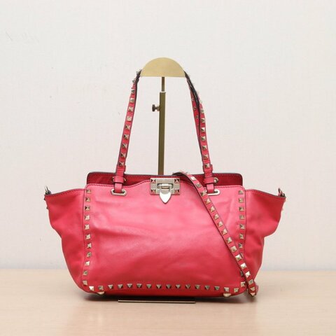 VALENTINO 紅色牛皮淺金扣鉚釘手提托特單肩包小號配可拆卸肩帶肩背包