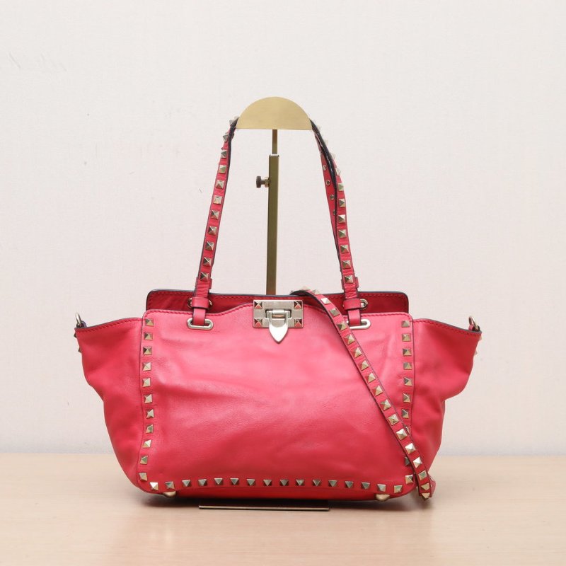 VALENTINO 紅色牛皮淺金扣鉚釘手提托特單肩包小號配可拆卸肩帶肩背包-0