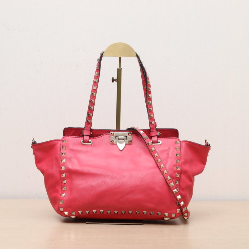 VALENTINO 紅色牛皮淺金扣鉚釘手提托特單肩包小號配可拆卸肩帶肩背包-1