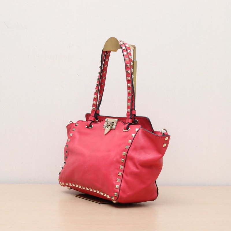 VALENTINO 紅色牛皮淺金扣鉚釘手提托特單肩包小號配可拆卸肩帶肩背包-4