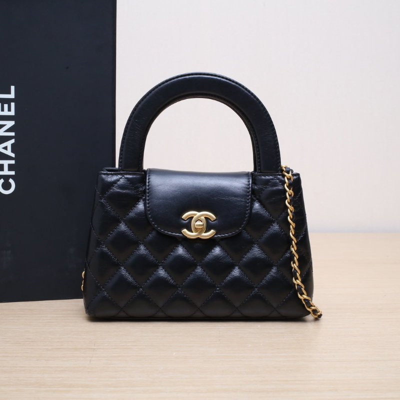 CHANEL 23KKelly鏈條手柄手提包小號黑色牛皮晶片開金扣肩背包-0