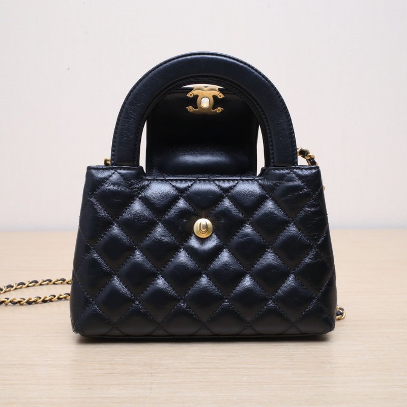 CHANEL 23KKelly鏈條手柄手提包小號黑色牛皮晶片開金扣肩背包-3