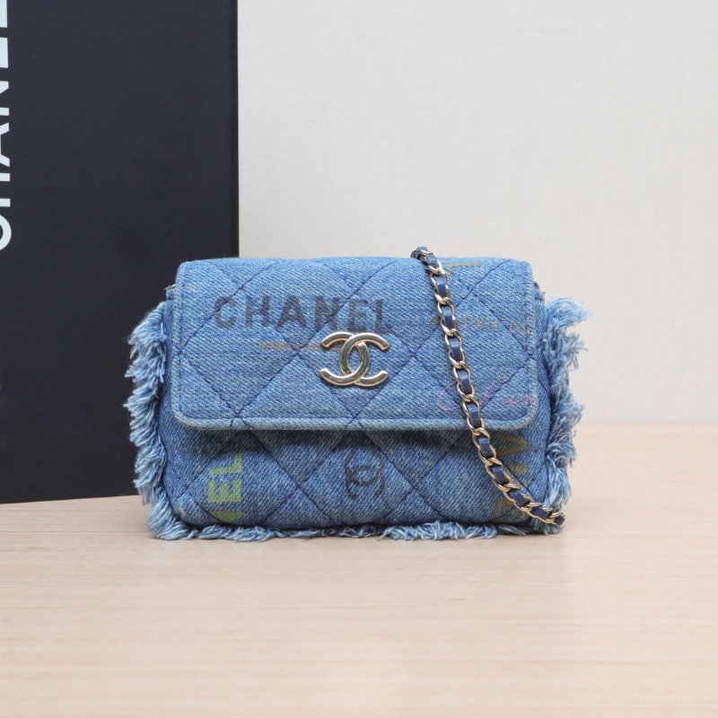 CHANEL 牛仔藍牛仔32開淺金扣22P塗鴉mini鏈條包13藍肩背包-0