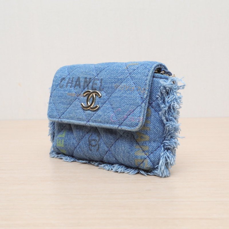 CHANEL 牛仔藍牛仔32開淺金扣22P塗鴉mini鏈條包13藍肩背包-2