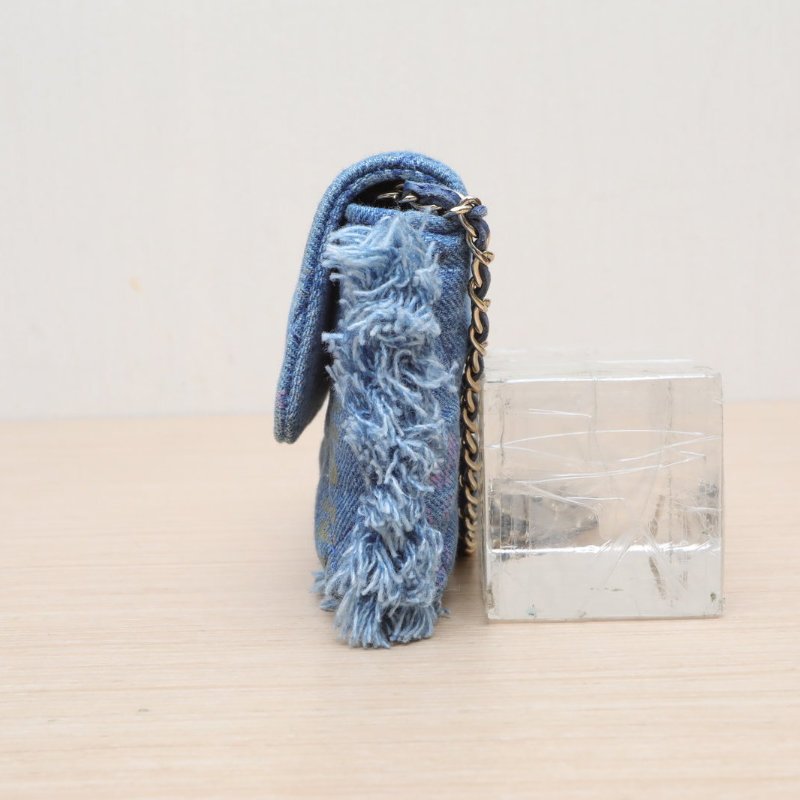 CHANEL 牛仔藍牛仔32開淺金扣22P塗鴉mini鏈條包13藍肩背包-3