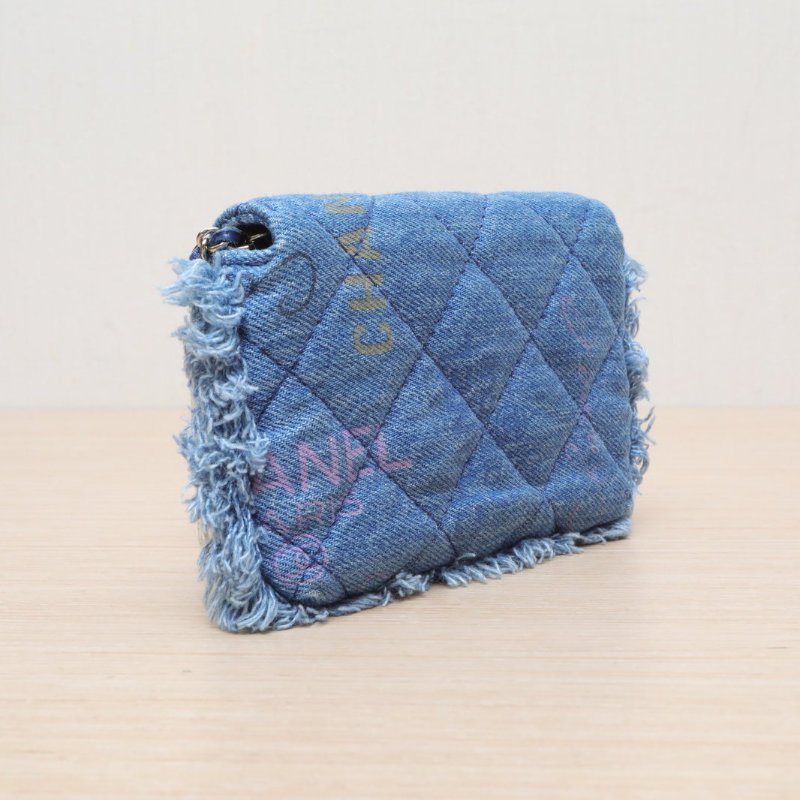 CHANEL 牛仔藍牛仔32開淺金扣22P塗鴉mini鏈條包13藍肩背包-4