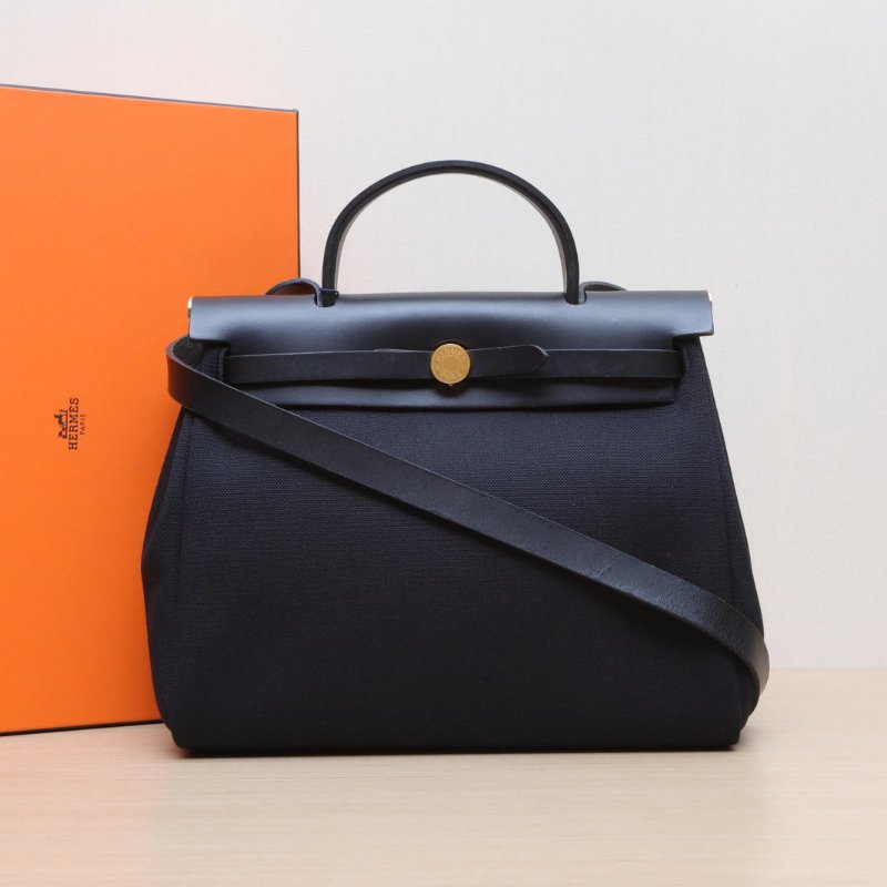 HERMES Herbag3189黑色帆布/Hunter牛皮B刻金扣肩背包-0