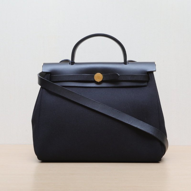 HERMES Herbag3189黑色帆布/Hunter牛皮B刻金扣肩背包-1
