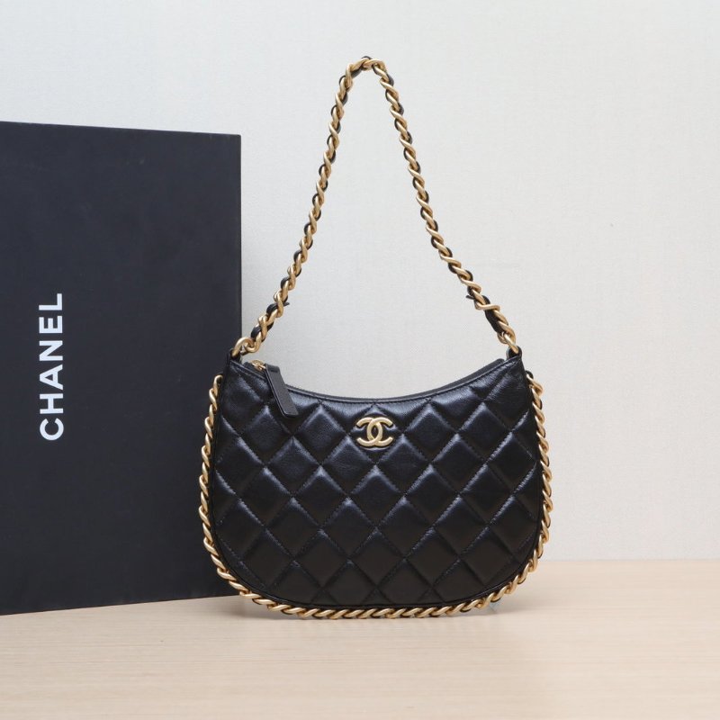 CHANEL 23B皮穿鏈邊嬉皮包Hobo單肩斜挎包單鏈條黑色羊皮晶片開金扣肩背包-0