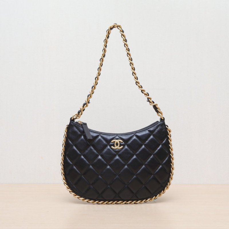 CHANEL 23B皮穿鏈邊嬉皮包Hobo單肩斜挎包單鏈條黑色羊皮晶片開金扣肩背包-1