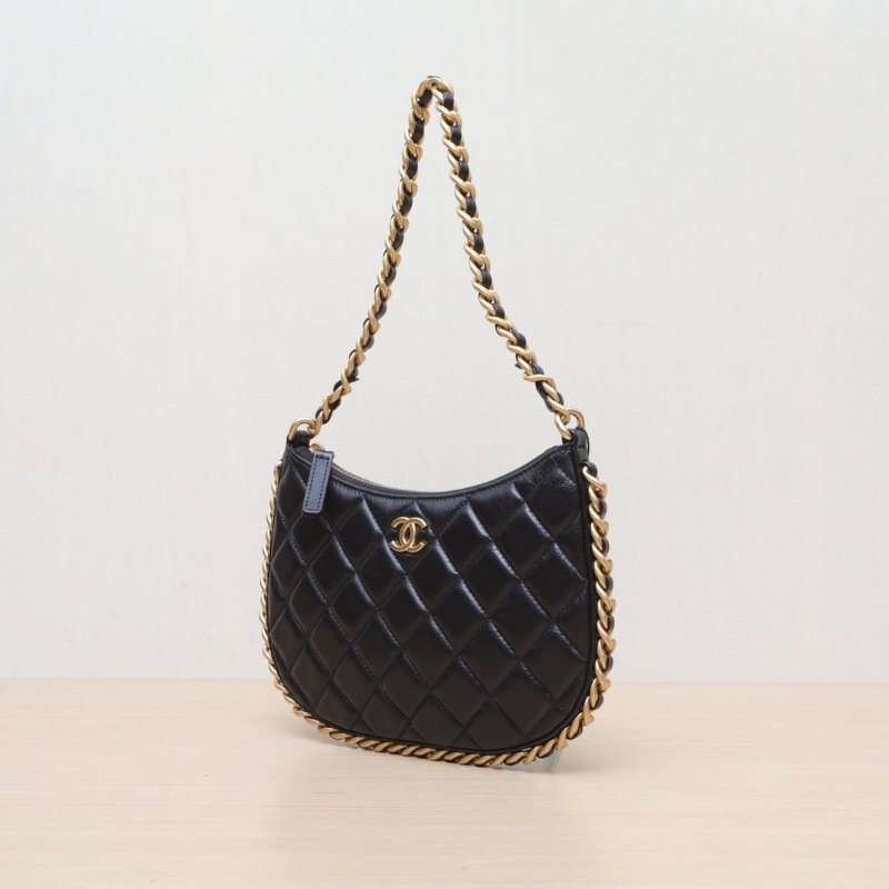 CHANEL 23B皮穿鏈邊嬉皮包Hobo單肩斜挎包單鏈條黑色羊皮晶片開金扣肩背包-3