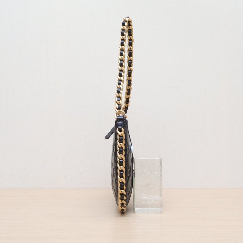 CHANEL 23B皮穿鏈邊嬉皮包Hobo單肩斜挎包單鏈條黑色羊皮晶片開金扣肩背包-4