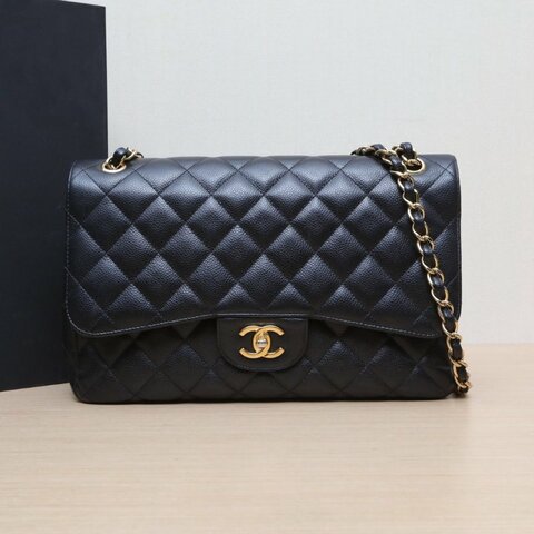 CHANEL CF口蓋包JUMBO30黑色荔枝牛皮16開金扣菱格紋肩背包