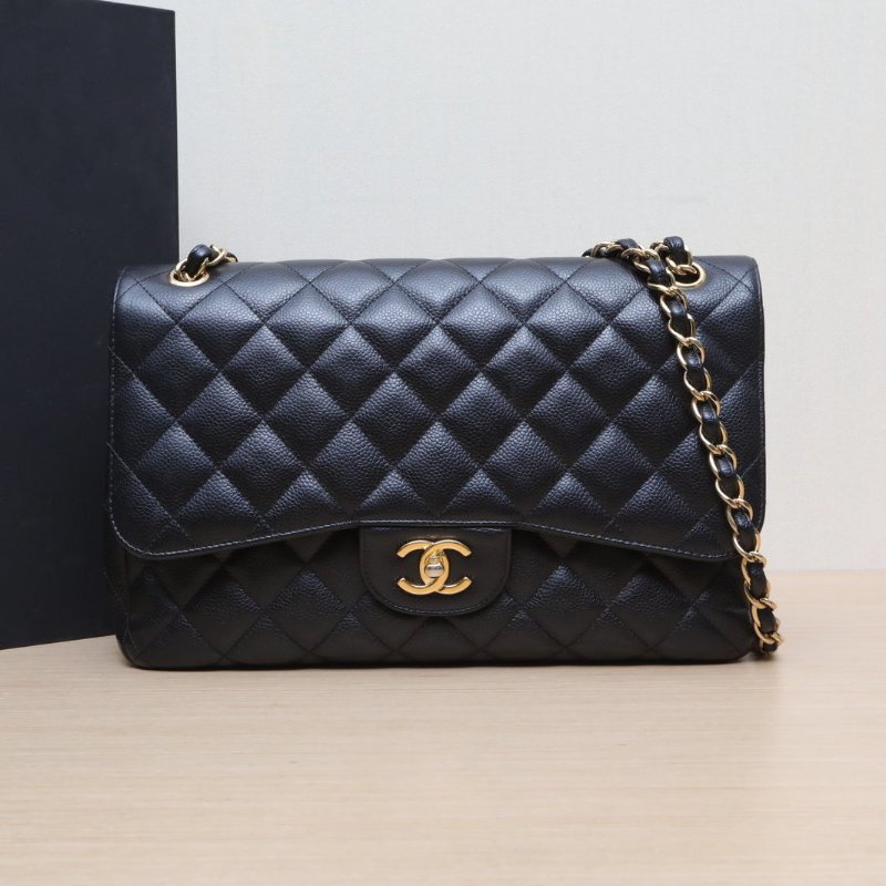 CHANEL CF口蓋包JUMBO30黑色荔枝牛皮16開金扣菱格紋肩背包-0