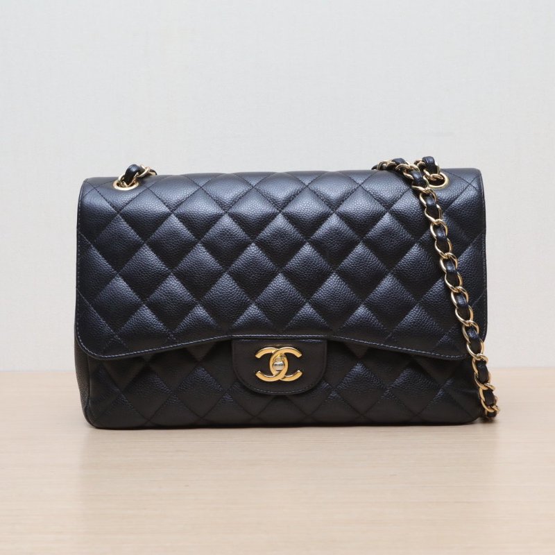 CHANEL CF口蓋包JUMBO30黑色荔枝牛皮16開金扣菱格紋肩背包-1