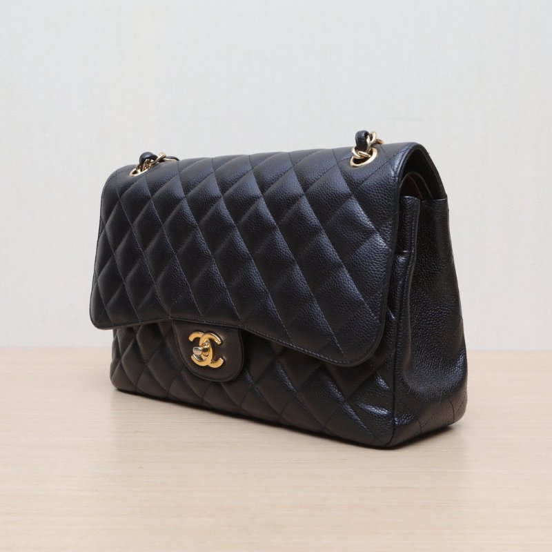 CHANEL CF口蓋包JUMBO30黑色荔枝牛皮16開金扣菱格紋肩背包-3