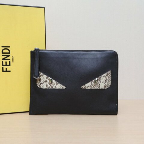 FENDI 黑色牛皮蛇皮手拿包小怪獸/肩背包