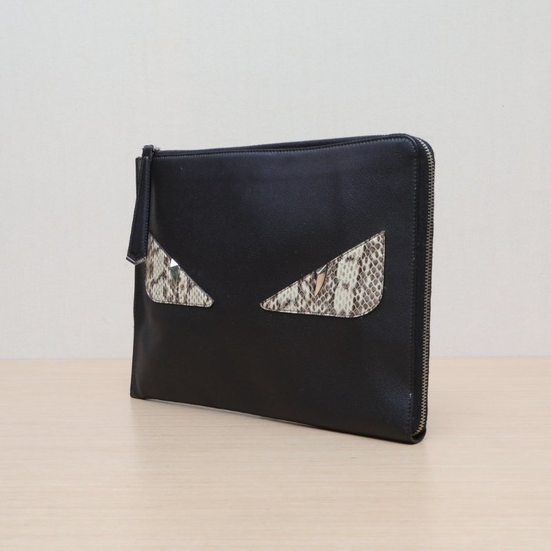 FENDI 黑色牛皮蛇皮手拿包小怪獸/肩背包-2