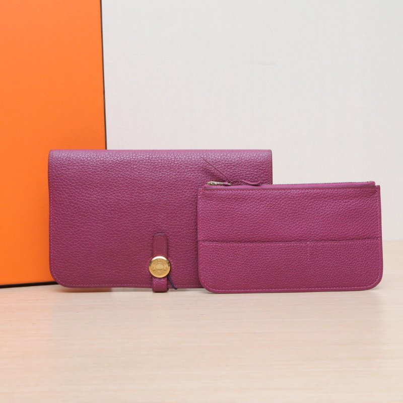 HERMES DogonDuo長錢包K5托斯卡紫Togo皮框R金扣肩背包-0