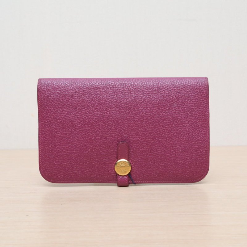 HERMES DogonDuo長錢包K5托斯卡紫Togo皮框R金扣肩背包-1