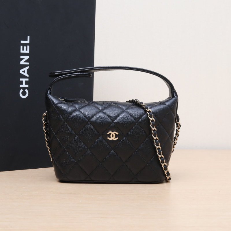 CHANEL 嬉皮HOBO飯盒包25C/16黑色荔枝牛皮鐳射標淺金扣菱格紋皮手柄肩背包-0