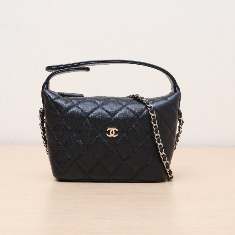 CHANEL 嬉皮HOBO飯盒包25C/16黑色荔枝牛皮鐳射標淺金扣菱格紋皮手柄肩背包-1