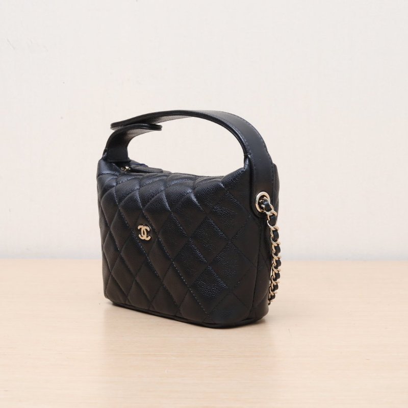 CHANEL 嬉皮HOBO飯盒包25C/16黑色荔枝牛皮鐳射標淺金扣菱格紋皮手柄肩背包-4
