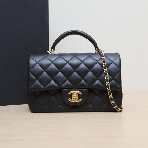 CHANEL CF口蓋包手柄大Mini20黑色羊皮晶片開金扣肩背包