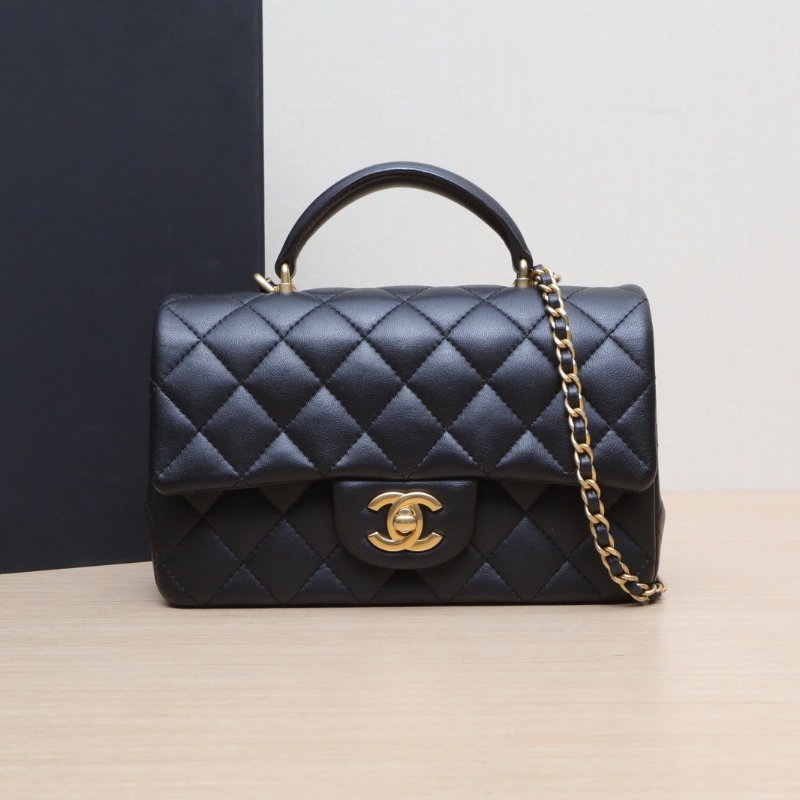 CHANEL CF口蓋包手柄大Mini20黑色羊皮晶片開金扣肩背包-0