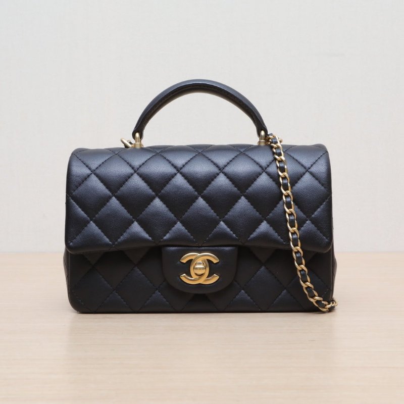 CHANEL CF口蓋包手柄大Mini20黑色羊皮晶片開金扣肩背包-1