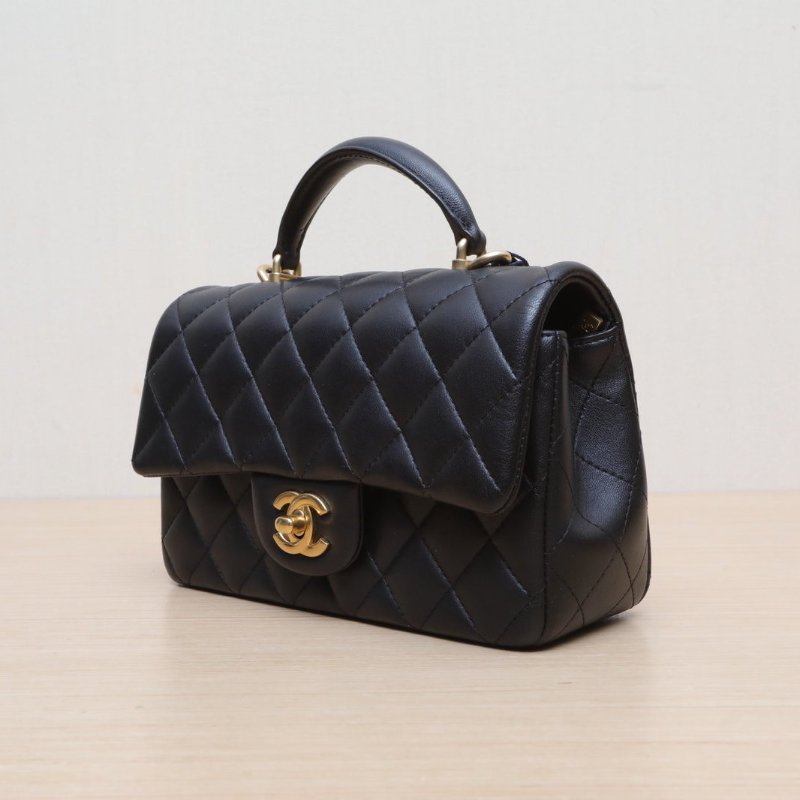 CHANEL CF口蓋包手柄大Mini20黑色羊皮晶片開金扣肩背包-4